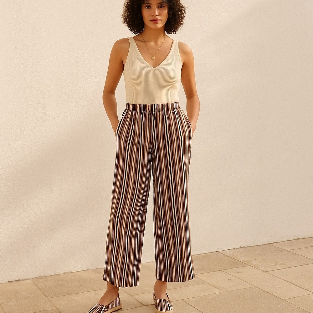 Kichi Blue Wide Leg Pants Brown Striped Ribbed - Small